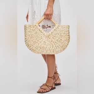 Whatever Your Day Brings Monica Woven Straw & Metallic Bag w Chic Wooden Handles